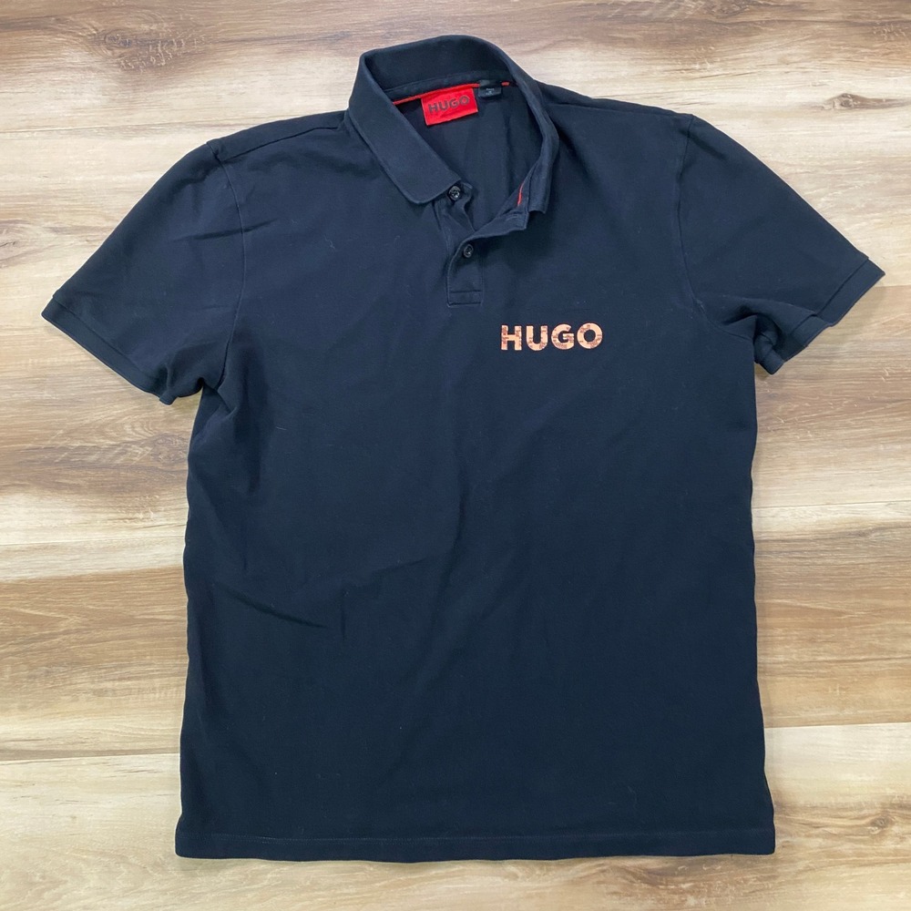 HUGO Hugo Boss Polo Shirt S Graphic Logo Cotton Regular Fit Black Short Sleeve